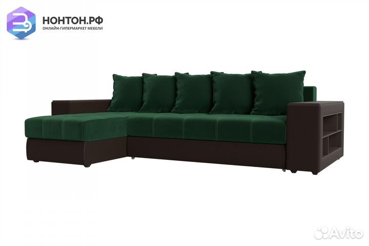Диван угловой еврокнижка Дубай велюр зеленый / эко