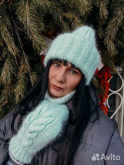 Вязаные шапки, снуды, варежки из пуха норки