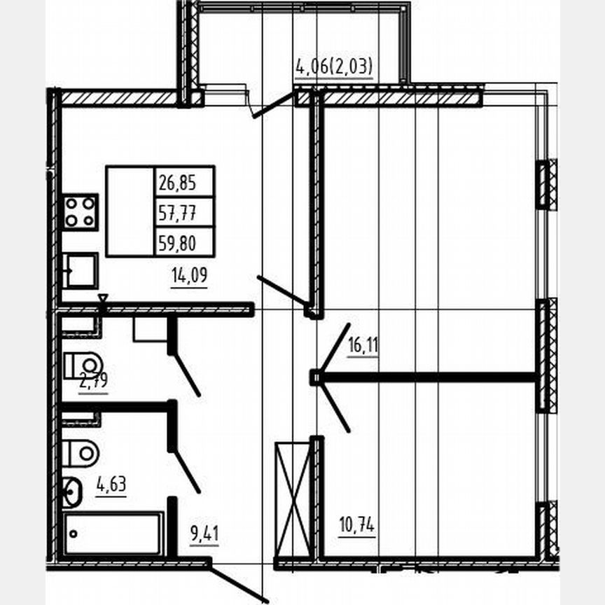 2-к. квартира, 57,8 м², 1/4 эт.