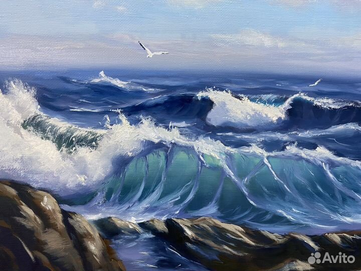Волна у камней. Картина маслом