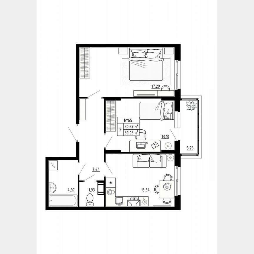 2-к. квартира, 59 м², 4/4 эт.