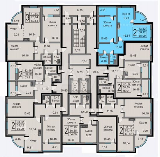 2-к. квартира, 65,1 м², 17/19 эт.