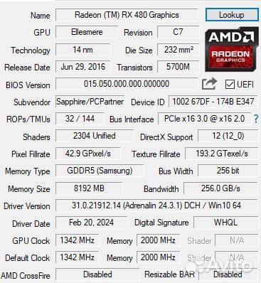 Игровая видеокарта RX 480/8GB sapphire nitro+