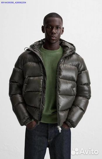 Пуховик Zara x Moncler Глянцевый Хаки (Арт.23985)