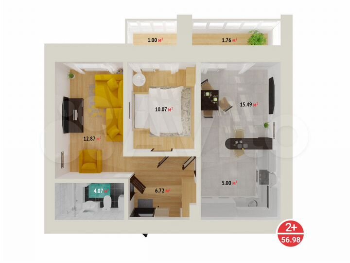 2-к. квартира, 57 м², 2/16 эт.