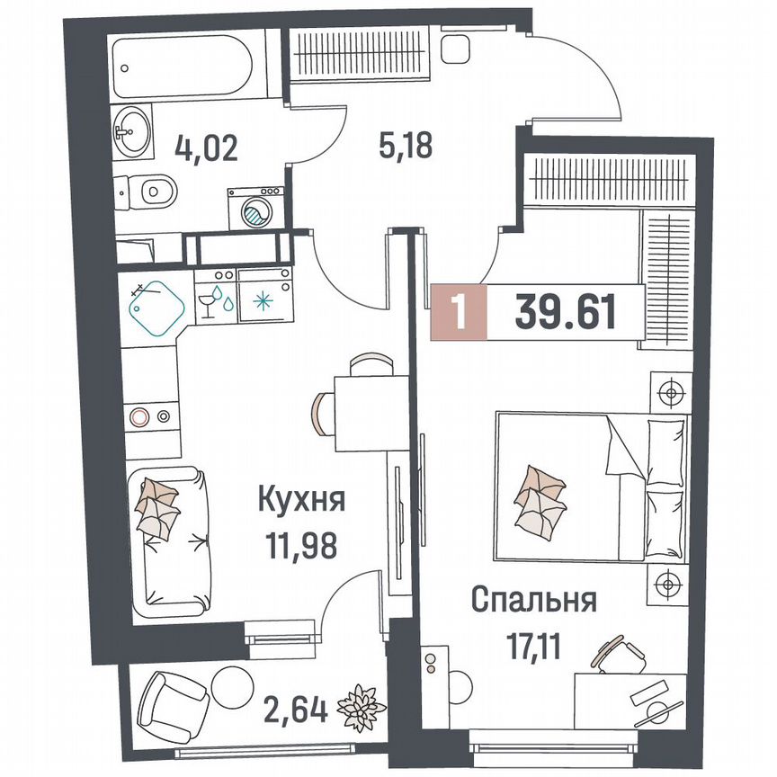 1-к. квартира, 39,6 м², 11/18 эт.