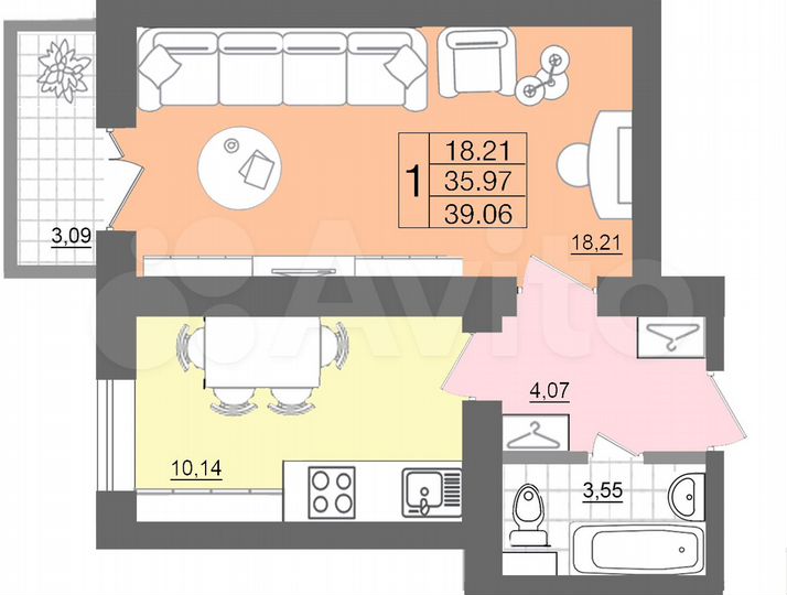 1-к. квартира, 39,1 м², 7/10 эт.