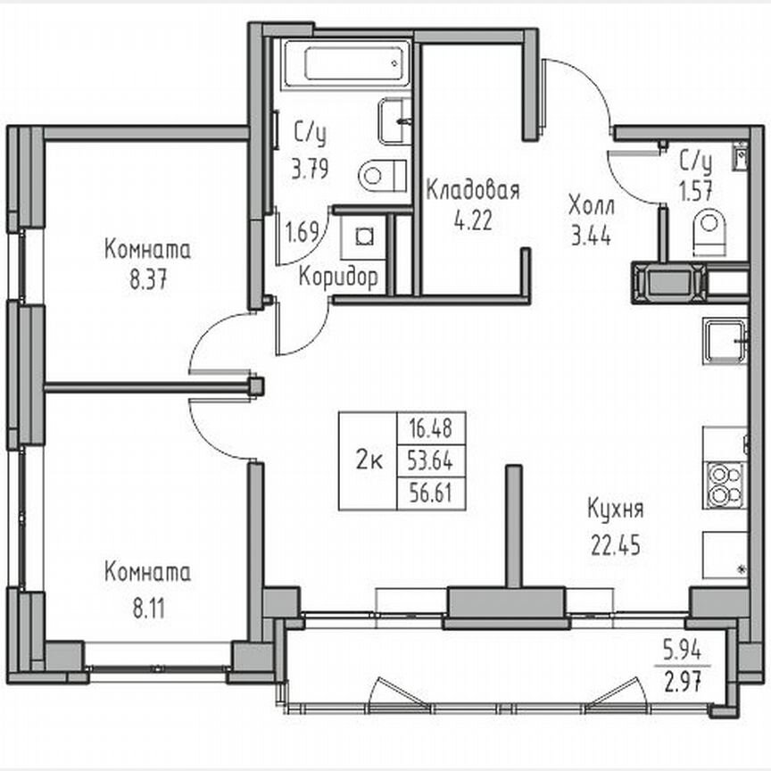 2-к. квартира, 56,6 м², 8/23 эт.