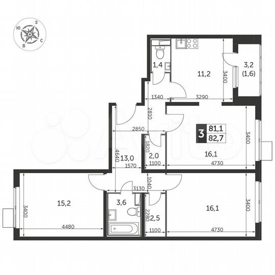 3-к. квартира, 82,5 м², 6/25 эт.