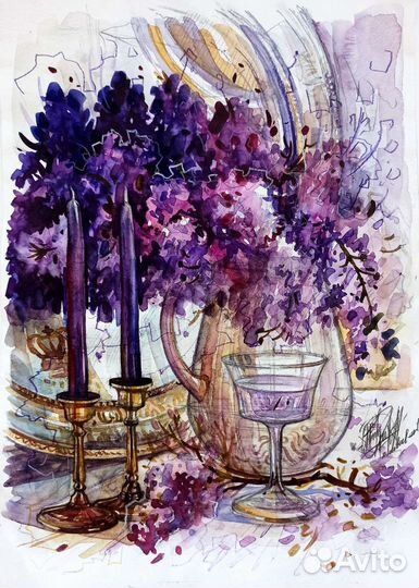 Картина, акварель, цветочная композиция, Сирень