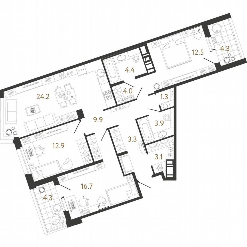 3-к. квартира, 96,2 м², 4/12 эт.