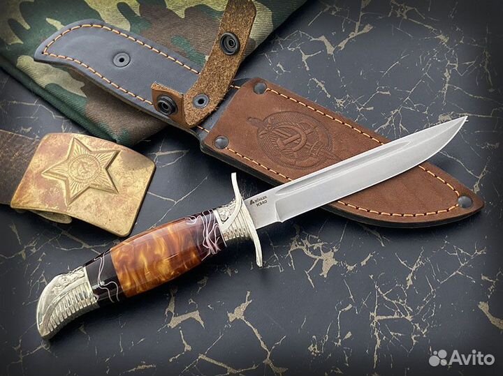 Нож финка «нквд», сталь К340, рукоять акрил коричневого цвета, литье мельхиор