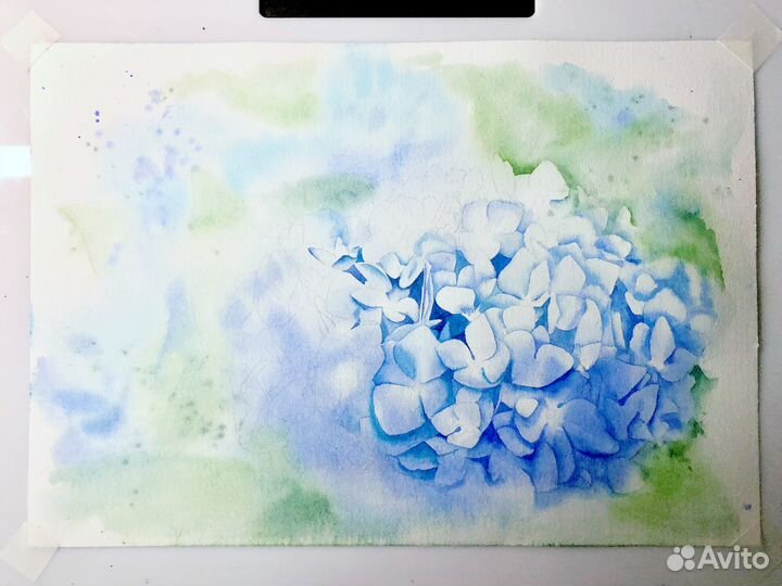 Картина Синяя Гортензия Цветочный пейзаж акварелью