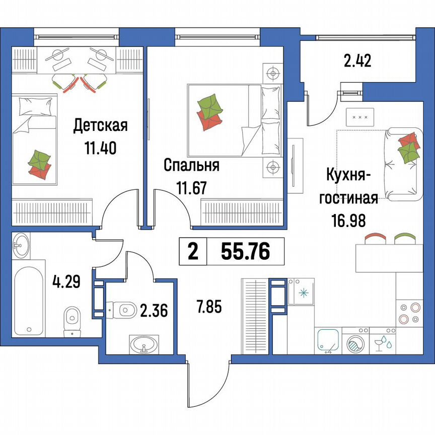 2-к. квартира, 55,8 м², 9/16 эт.