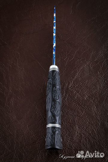 Нож дамаск торцевой с воронением черный граб резно