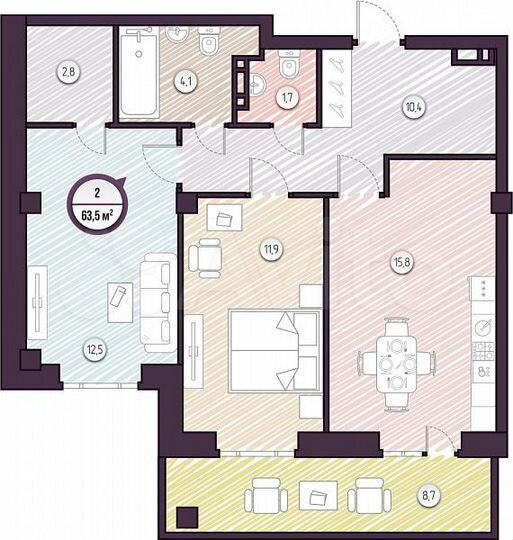 2-к. квартира, 63,5 м², 1/9 эт.