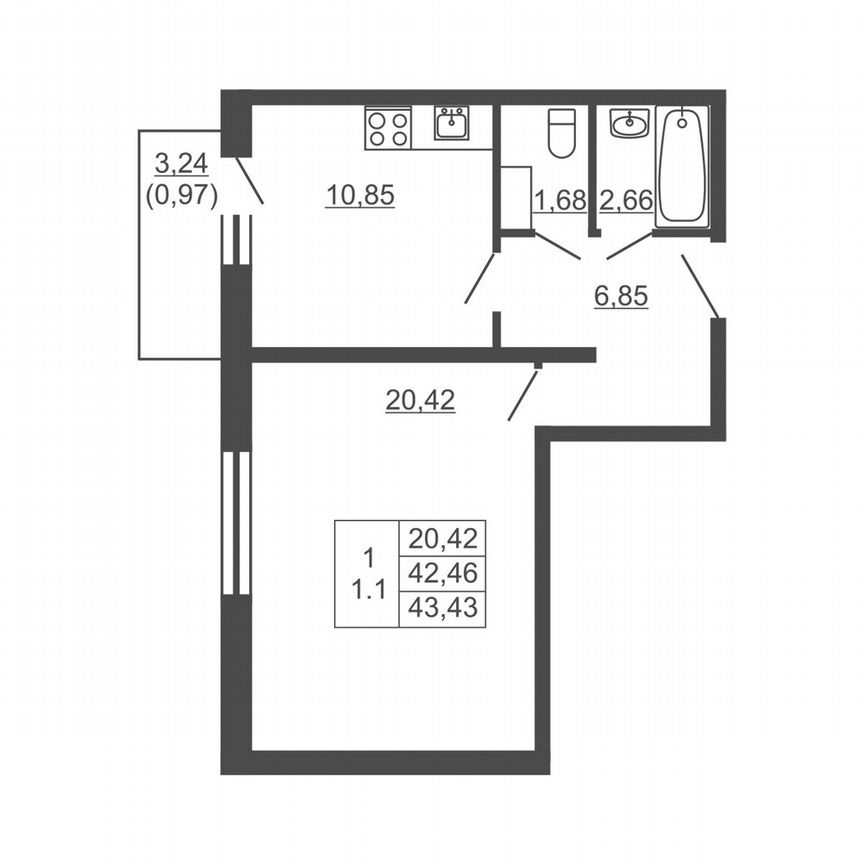 1-к. квартира, 43,4 м², 14/16 эт.