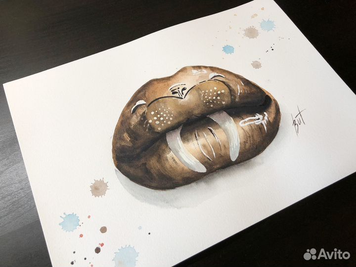 Картина Губы Морж Акварелью Сюрреализм 21х30