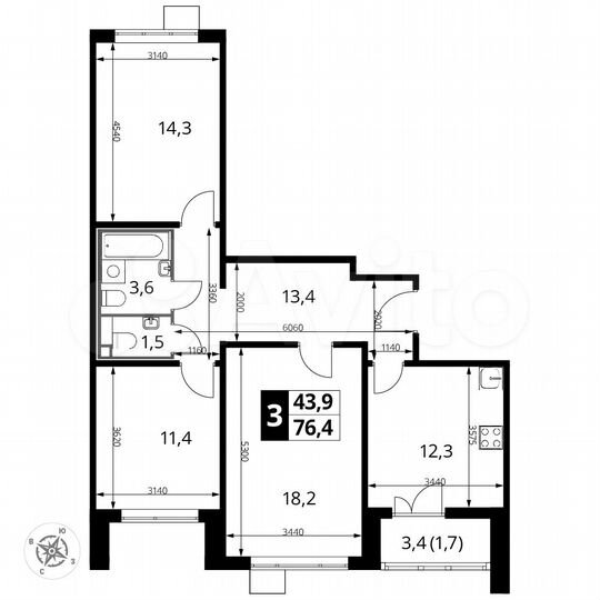 3-к. квартира, 76,4 м², 14/24 эт.