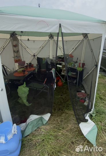Шатер+стол+стулья+походная кухня+плита+холодильник
