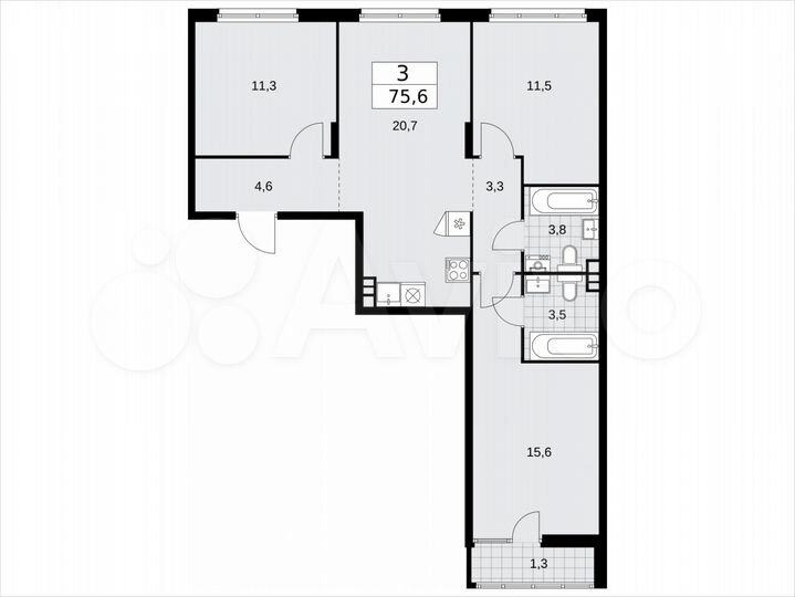 3-к. квартира, 75,6 м², 13/15 эт.