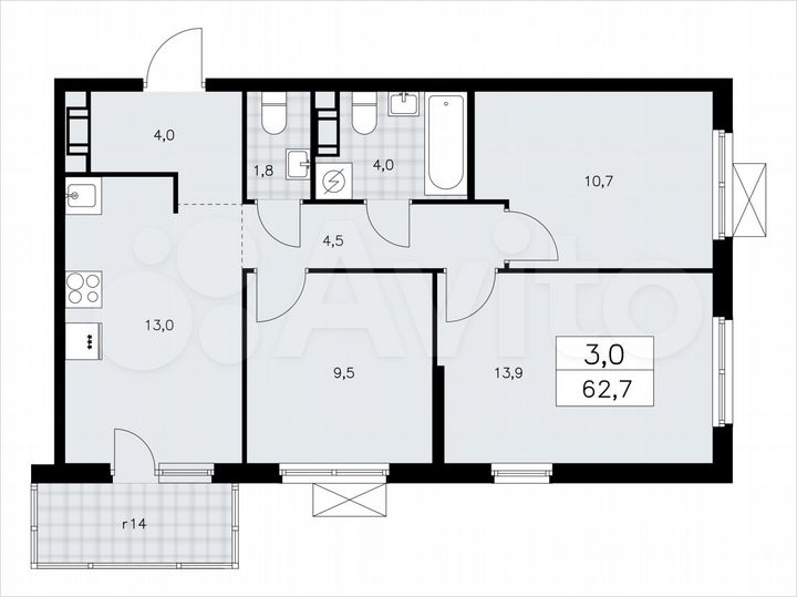 3-к. квартира, 62,7 м², 10/11 эт.