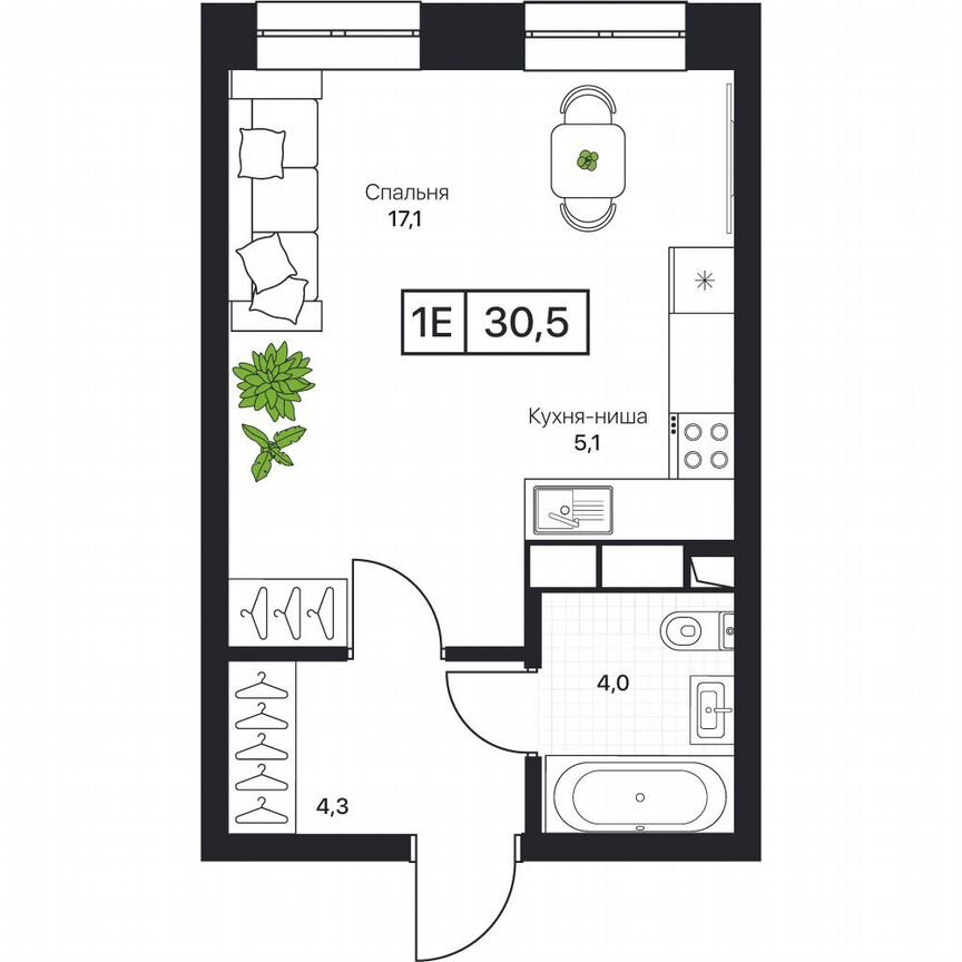 1-к. квартира, 30,5 м², 7/17 эт.