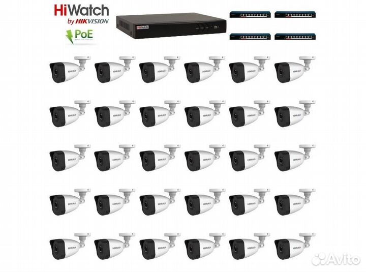 30 камер видеонаблюдения HiWatch 2Мп IP PoE компле