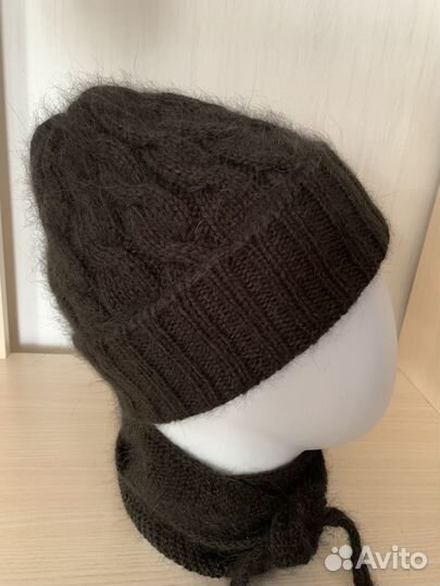 Комплект шапка с косами+шарфик+митенки пух норки