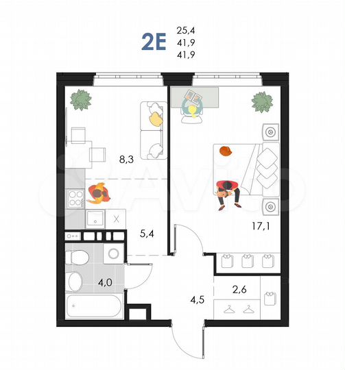 2-к. квартира, 41,9 м², 2/6 эт.