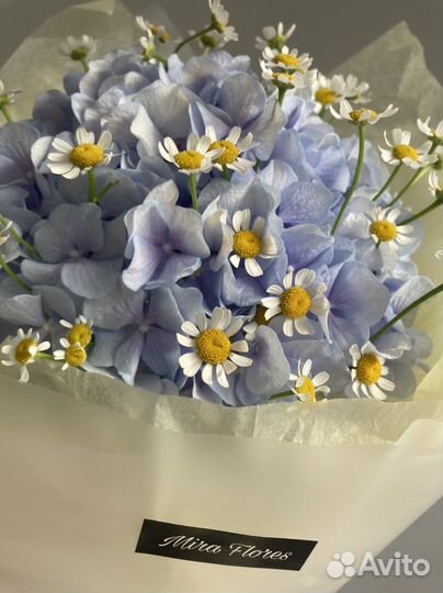 Букет голубой гортензии с ромашками