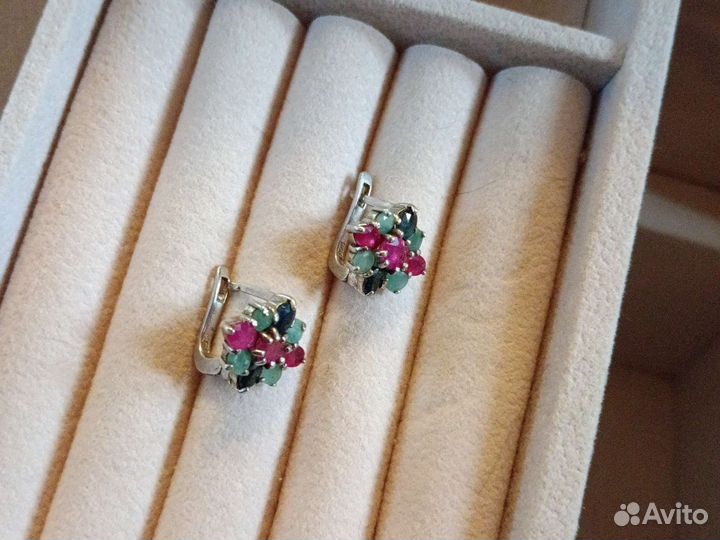 Серебряные серьги. 925. Изумруд,рубин, сапфир