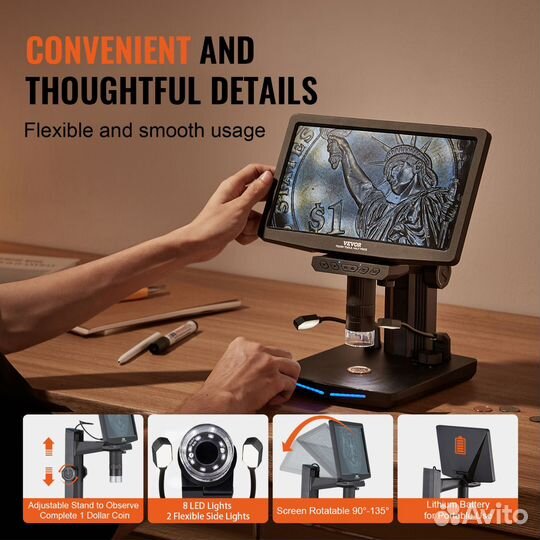 Цифровой микроскоп с дисплеем 10,1 дюйма, 1300X