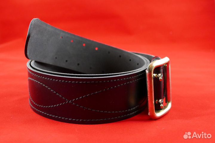Ремень солдатский кожаный прошитый черный