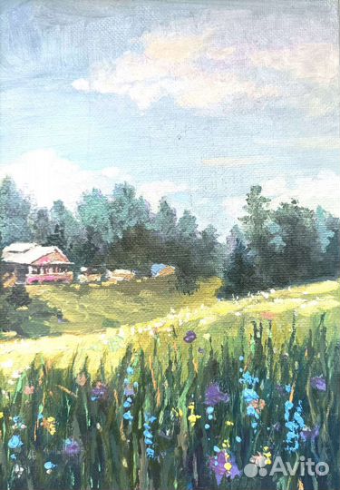 Картина с деревенским пейзажем. Масло, 24*18