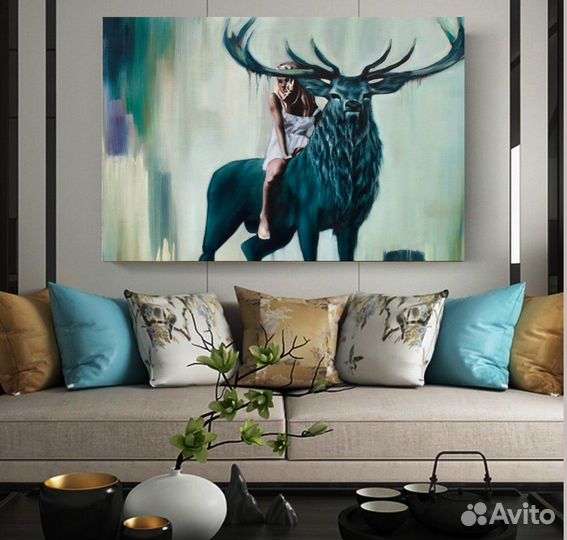 Большая картина интерьерная с оленем ручная работа