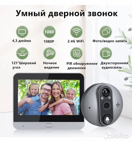 Видеоглазок с экраном, wi fi,tuya