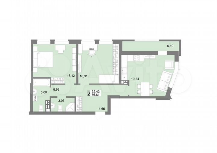 2-к. квартира, 75,9 м², 11/12 эт.