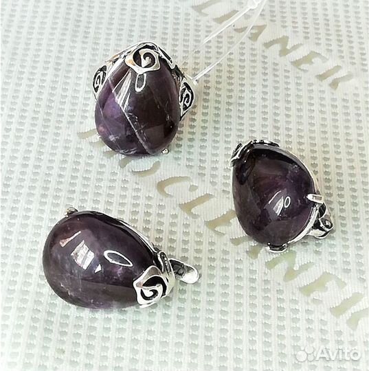 Серьги, кольцо серебрение аметист разм.18,0 С623