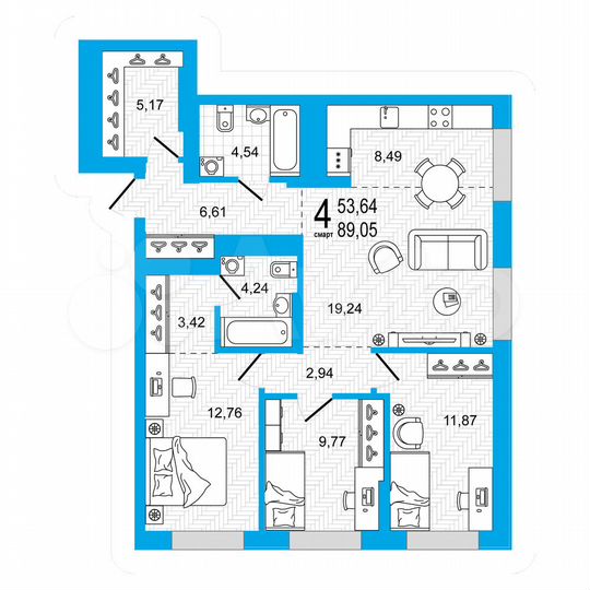3-к. квартира, 89,1 м², 26/27 эт.