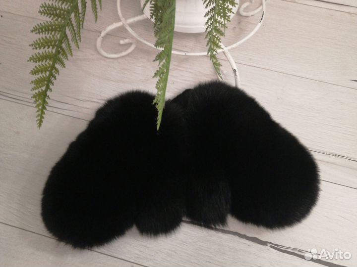 Чёрные варежки с чёрным мехом песца