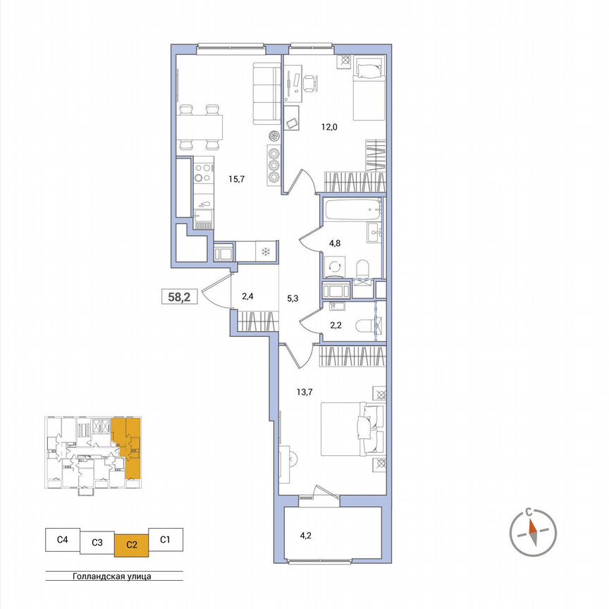 2-к. квартира, 58,2 м², 9/11 эт.