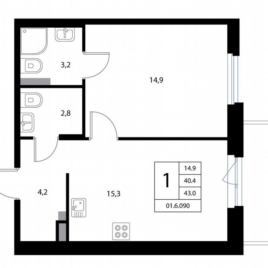 1-к. квартира, 43 м², 1/3 эт.