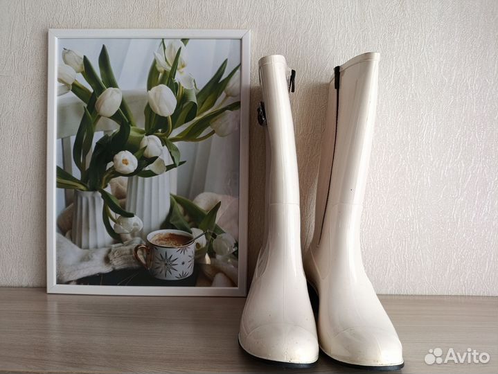 Резиновые сапоги женские р 37 на каблуке белые