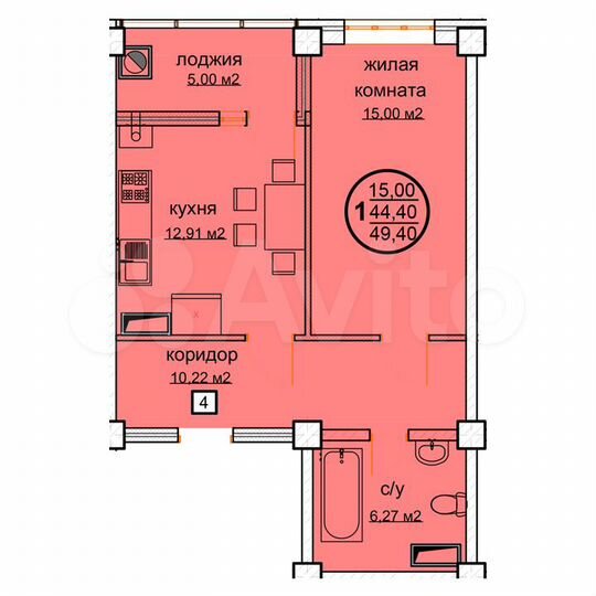 1-к. квартира, 49,4 м², 1/12 эт.