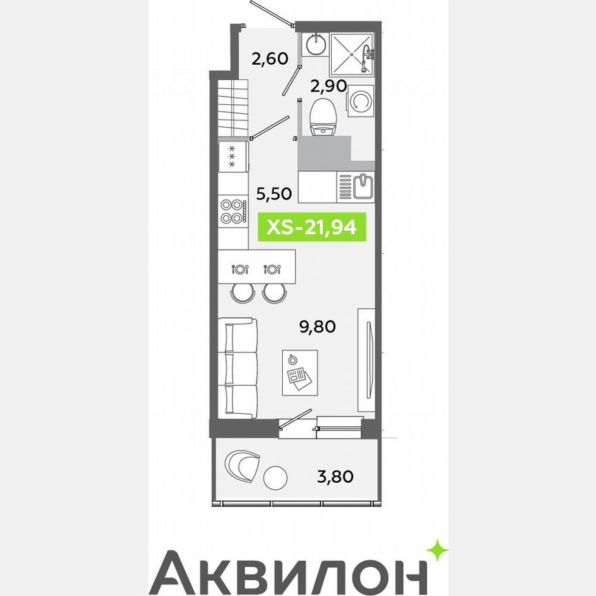 Квартира-студия, 21,9 м², 8/12 эт.