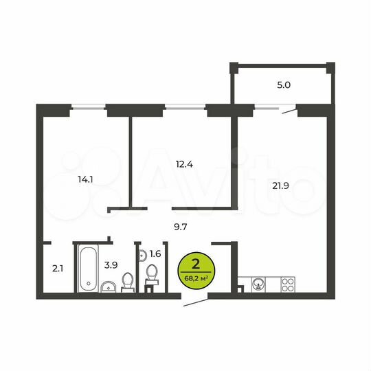 2-к. квартира, 68,2 м², 1/9 эт.