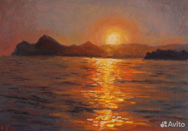 Картина маслом морской пейзаж Закат над Карадагом