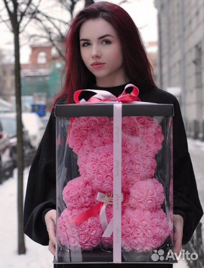 Мишка из роз 40 см. Нежно-розовый