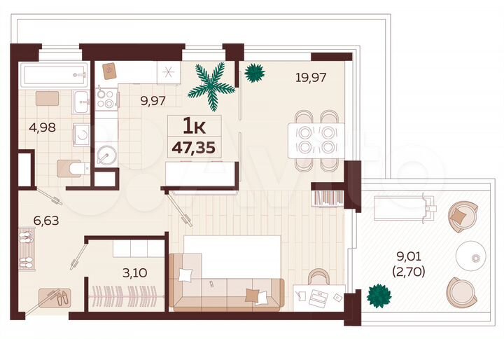 1-к. квартира, 47,4 м², 7/9 эт.